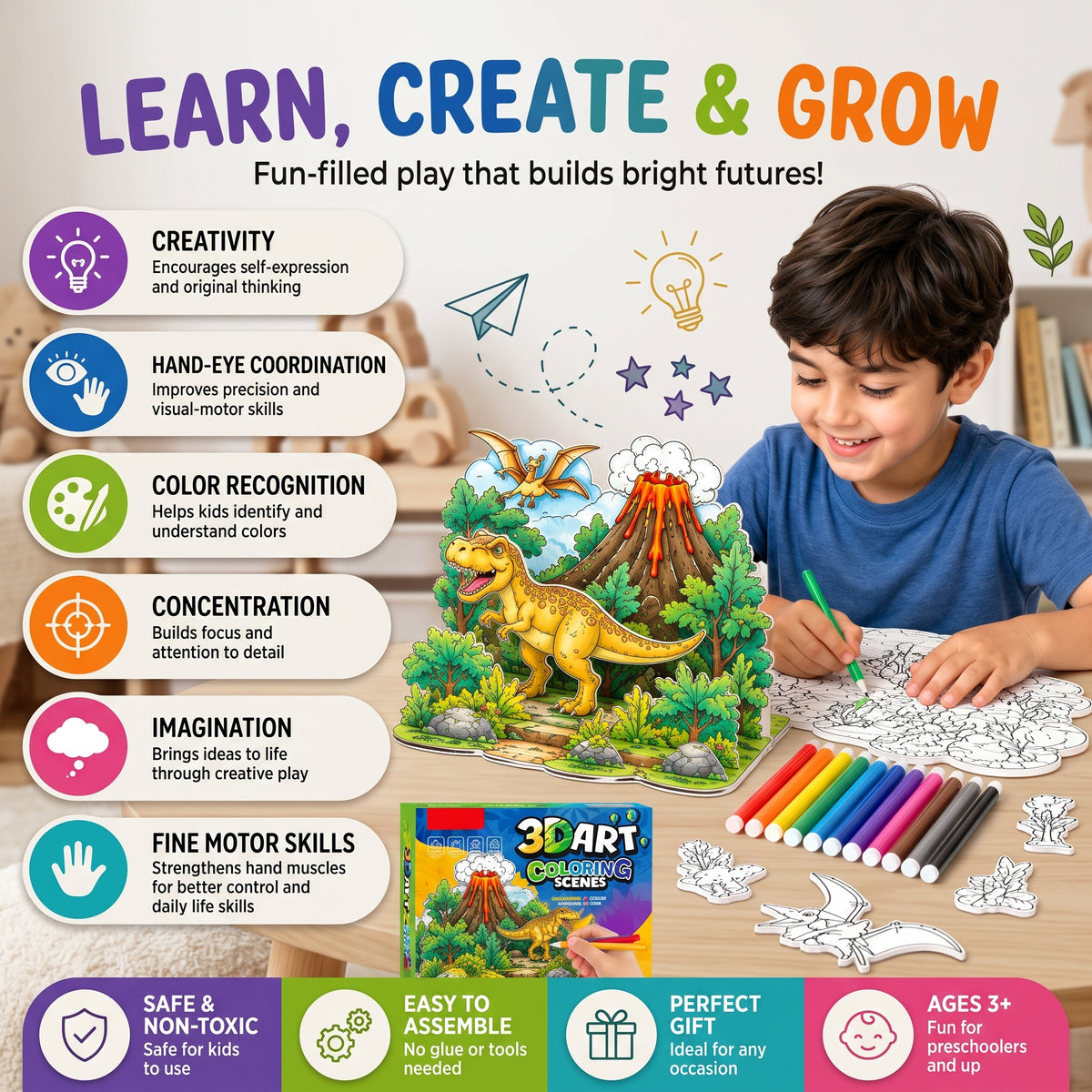 3D Pop-Up Colouring Book for Kids with Watercolour Pens