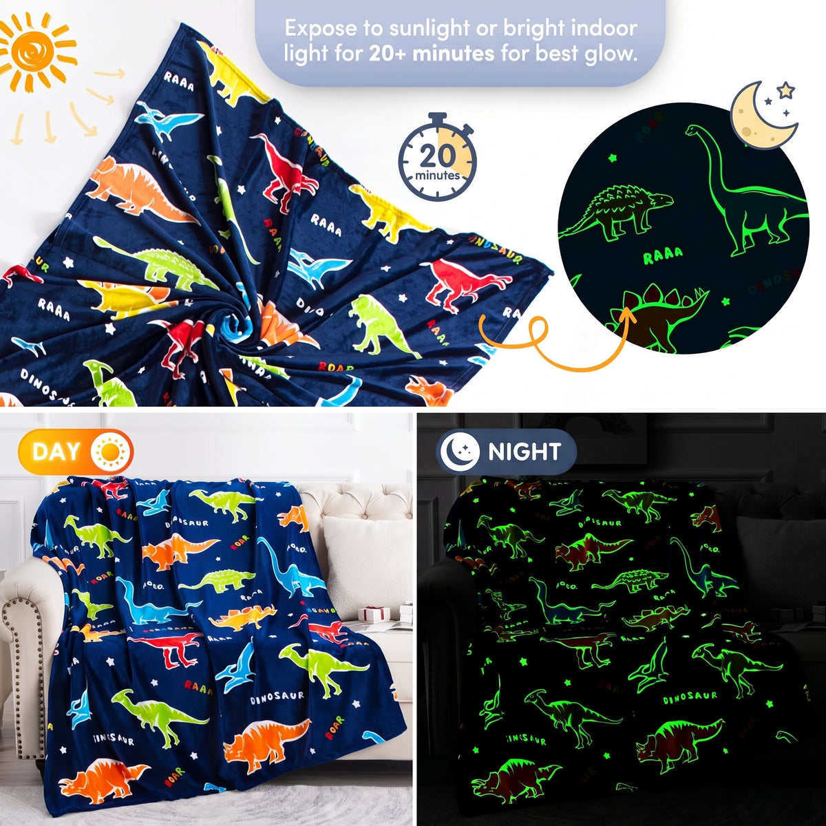Glow in the Dark Dinosaur Blanket for Kids