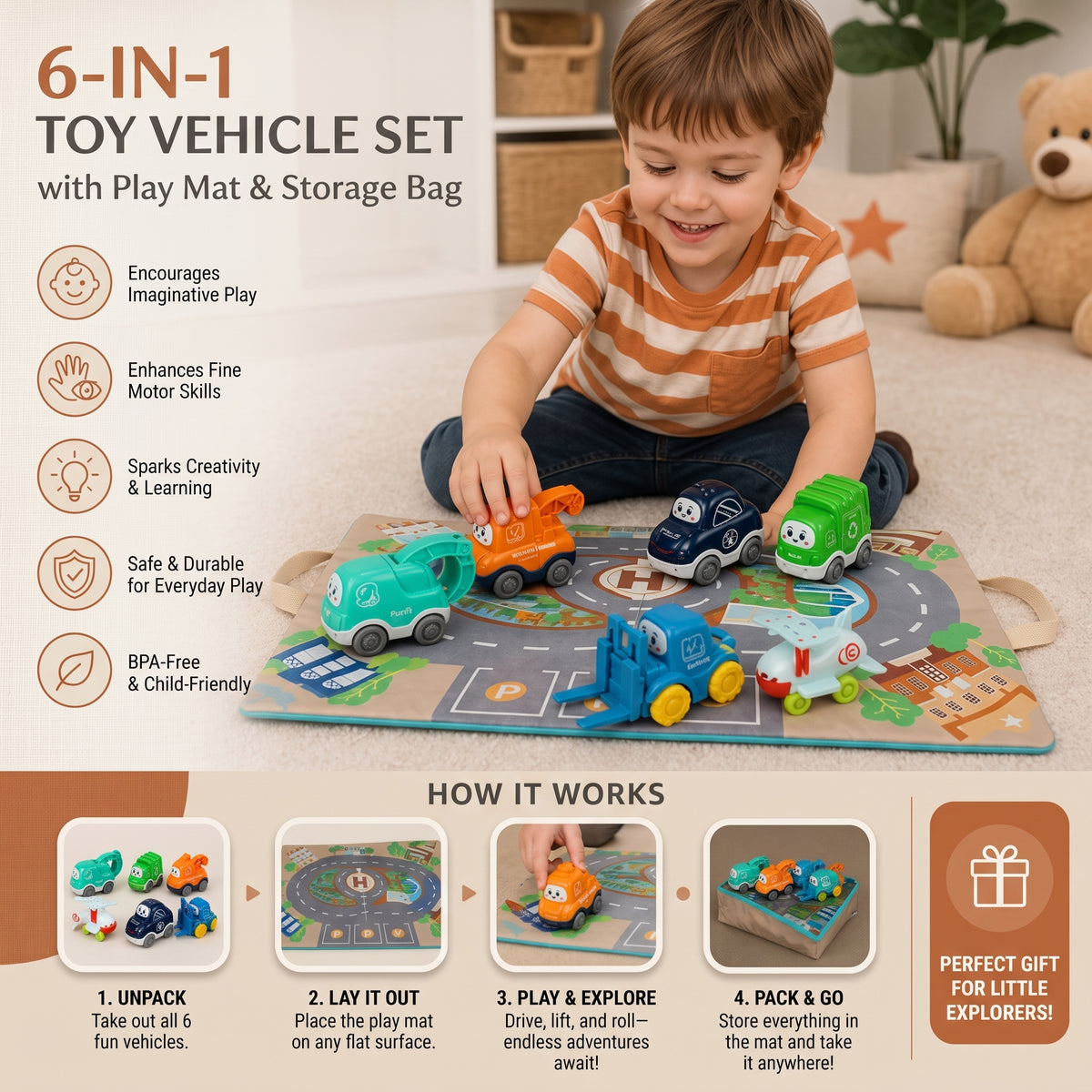 Toddler Toy Cars & Trucks Set with Play Mat and Storage Bag