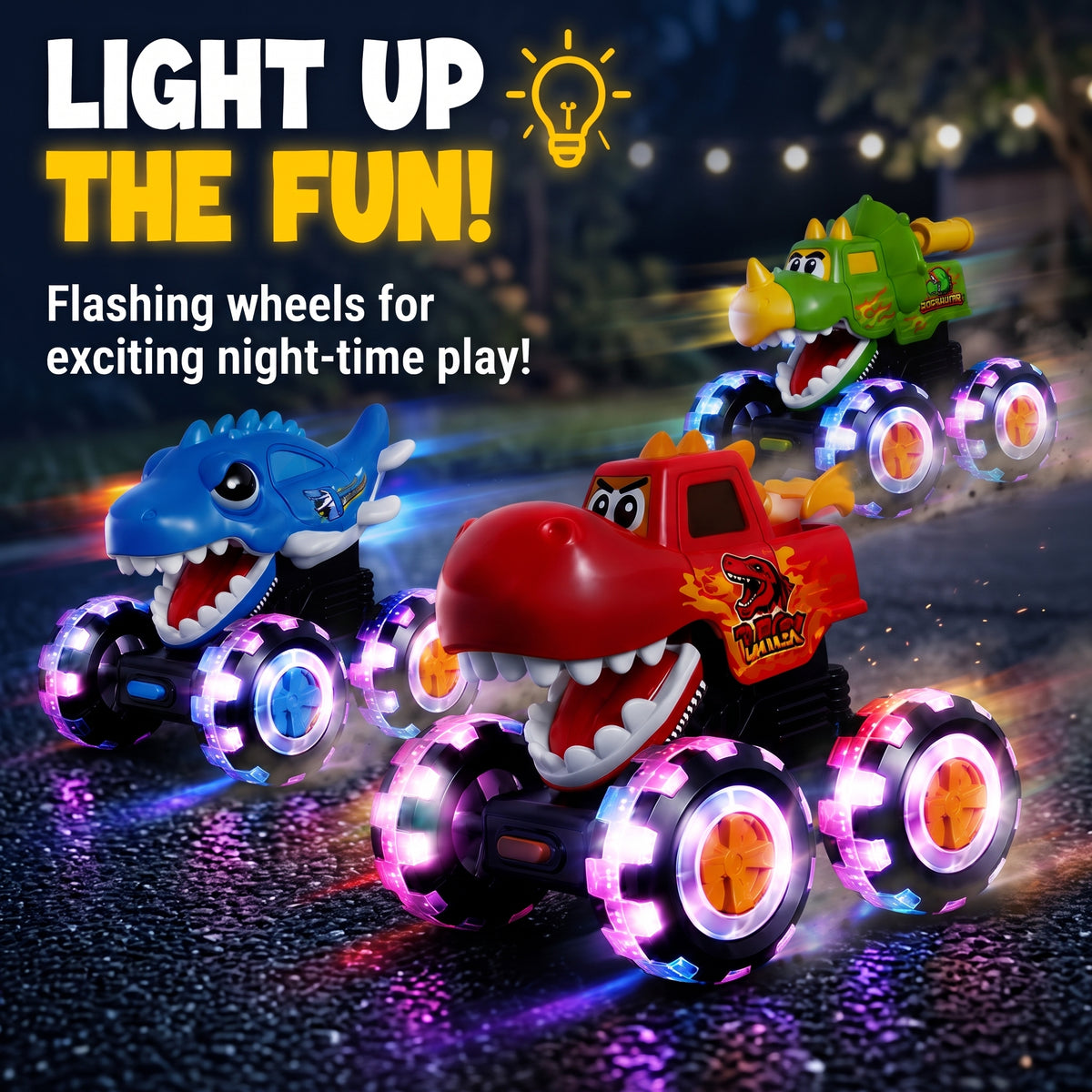 3 Dinosaur Monster Trucks – Press & Go Toy Cars with Light-Up Wheels