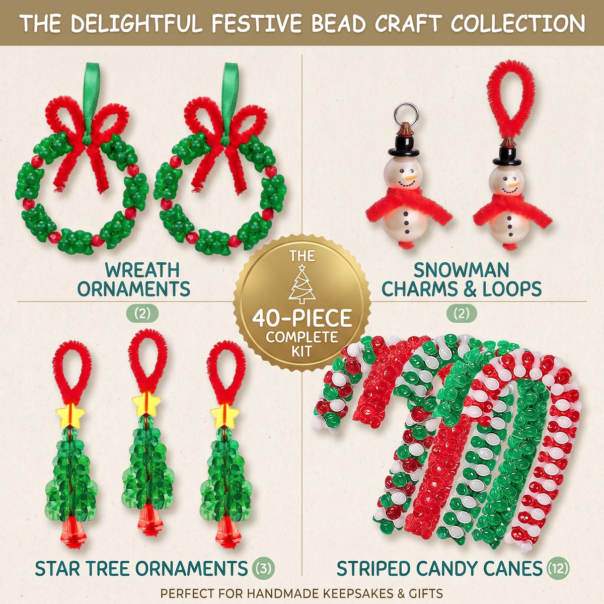 40-Piece Christmas Beaded Ornament Craft Kit for Kids & Families
