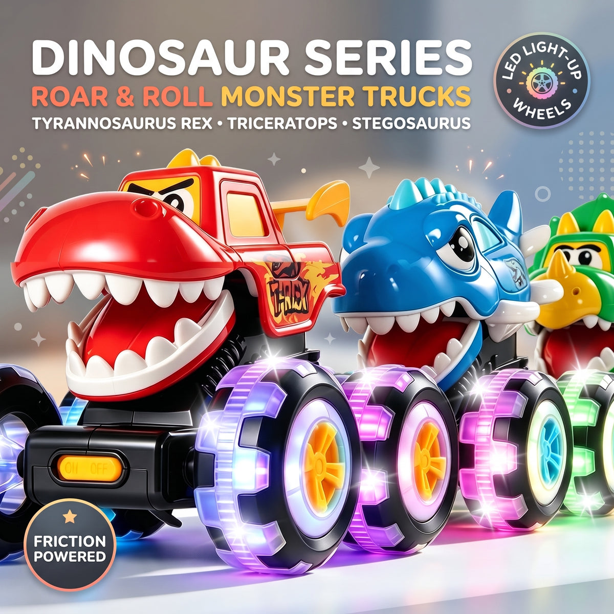 3 Dinosaur Monster Trucks – Press & Go Toy Cars with Light-Up Wheels