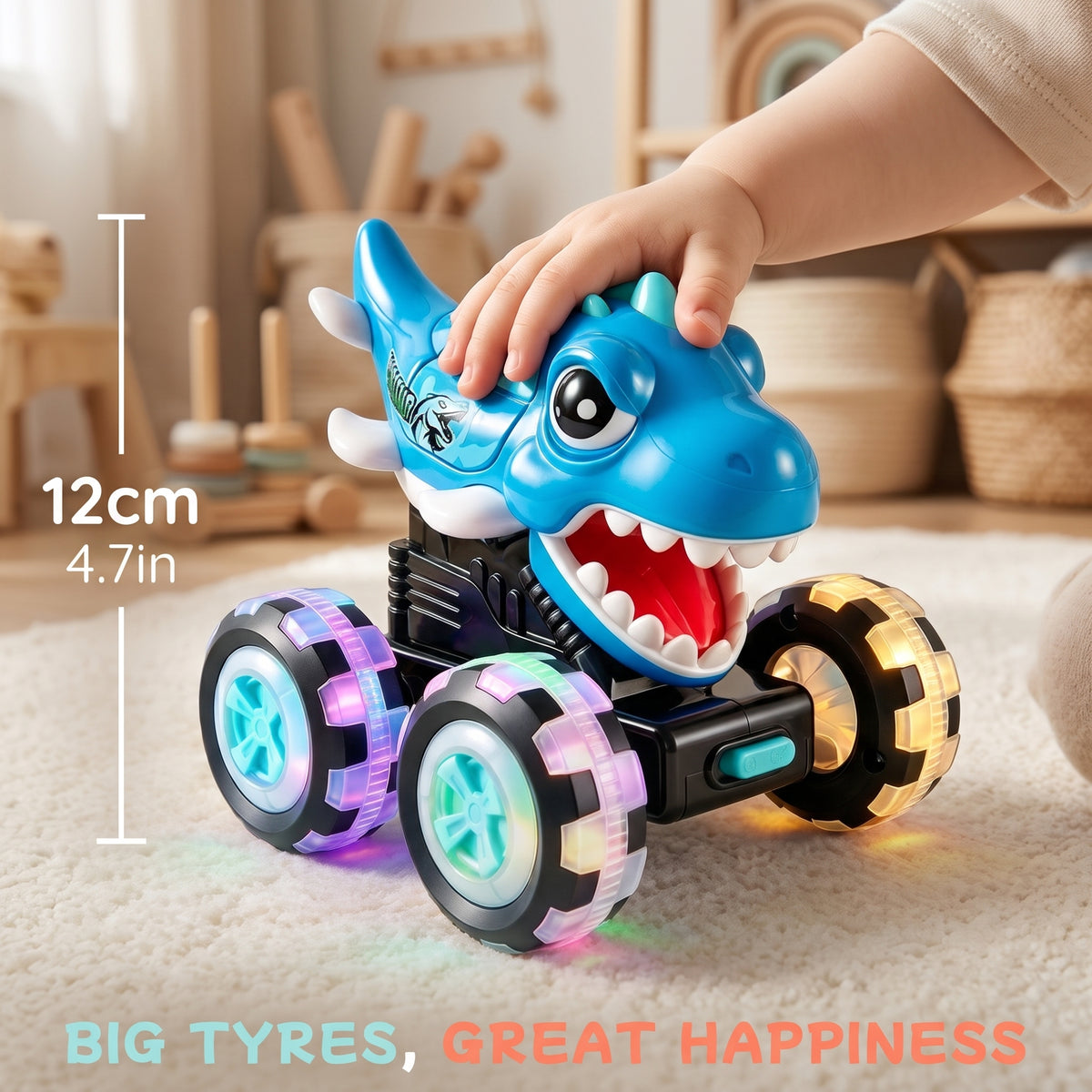 3 Dinosaur Monster Trucks – Press & Go Toy Cars with Light-Up Wheels