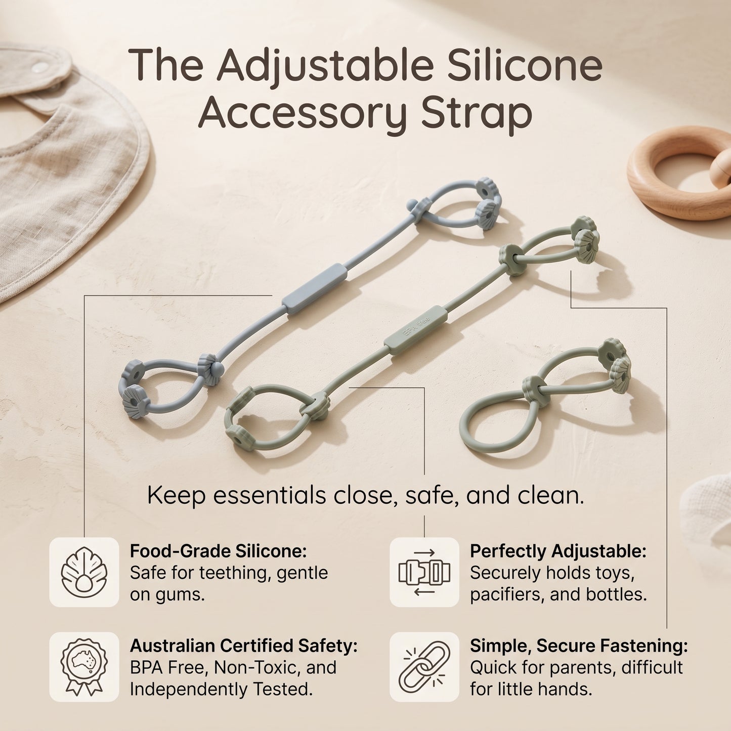 Adjustable Silicone Toy Strap for Babies (3-Pack)