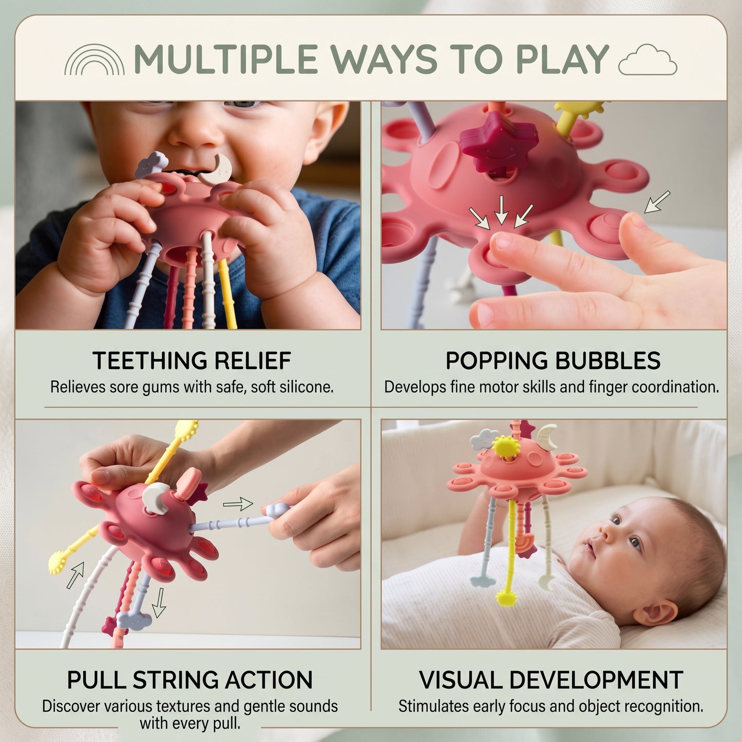 Silicone Pull String Sensory Teether Toy for Babies