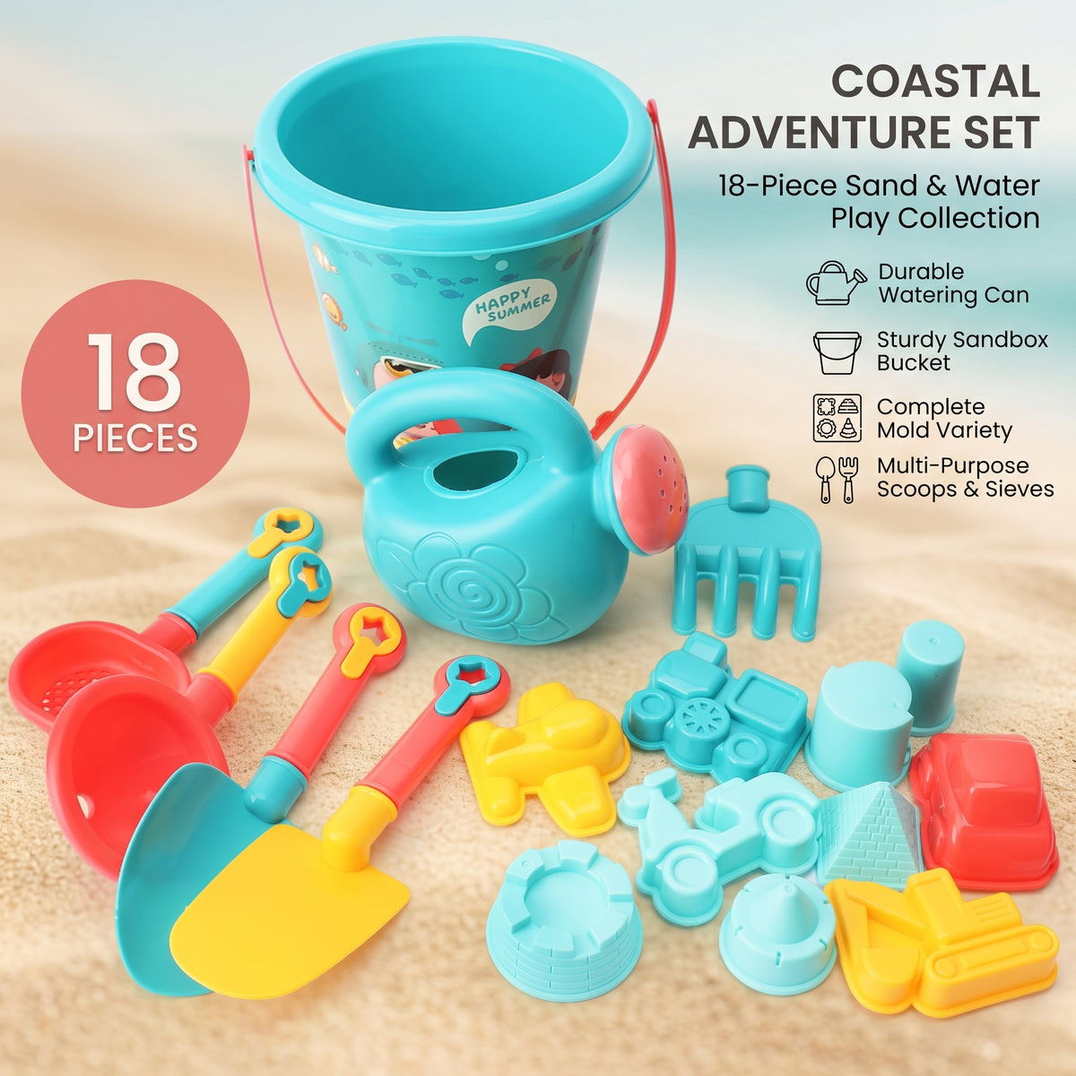 18 Piece Kids Beach Toy Set with Bucket & Sand Tools