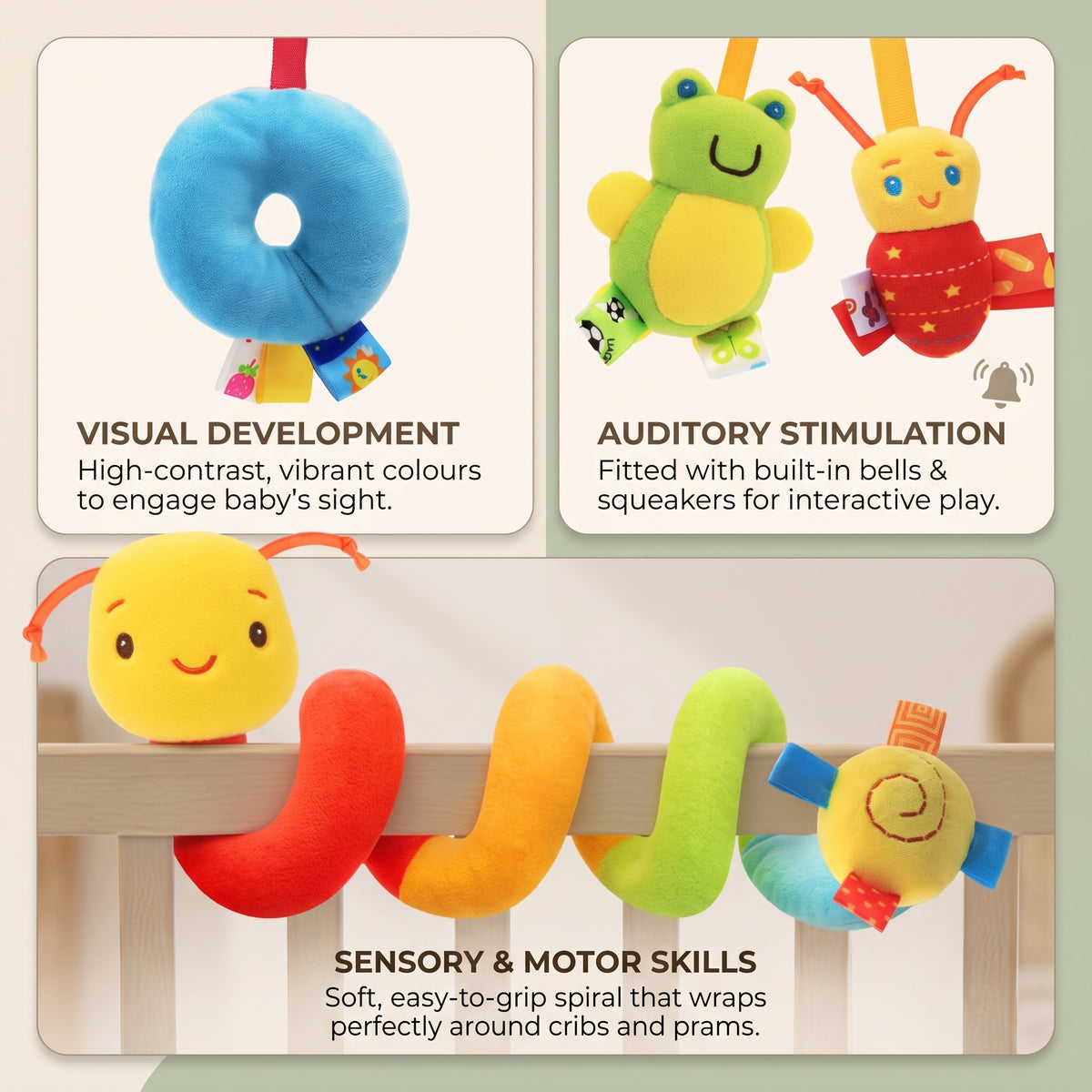 Baby Spiral Car Seat Toy – Soft Hanging Activity Toy for Prams & Strollers