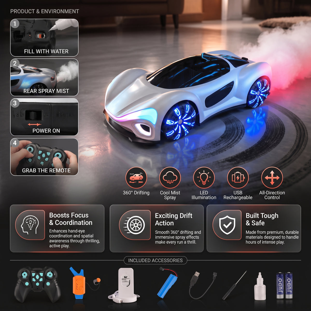 Remote Control Drift Car with LED Lights & Spray Effect