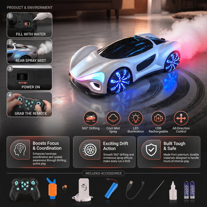 Remote Control Drift Car with LED Lights & Spray Effect
