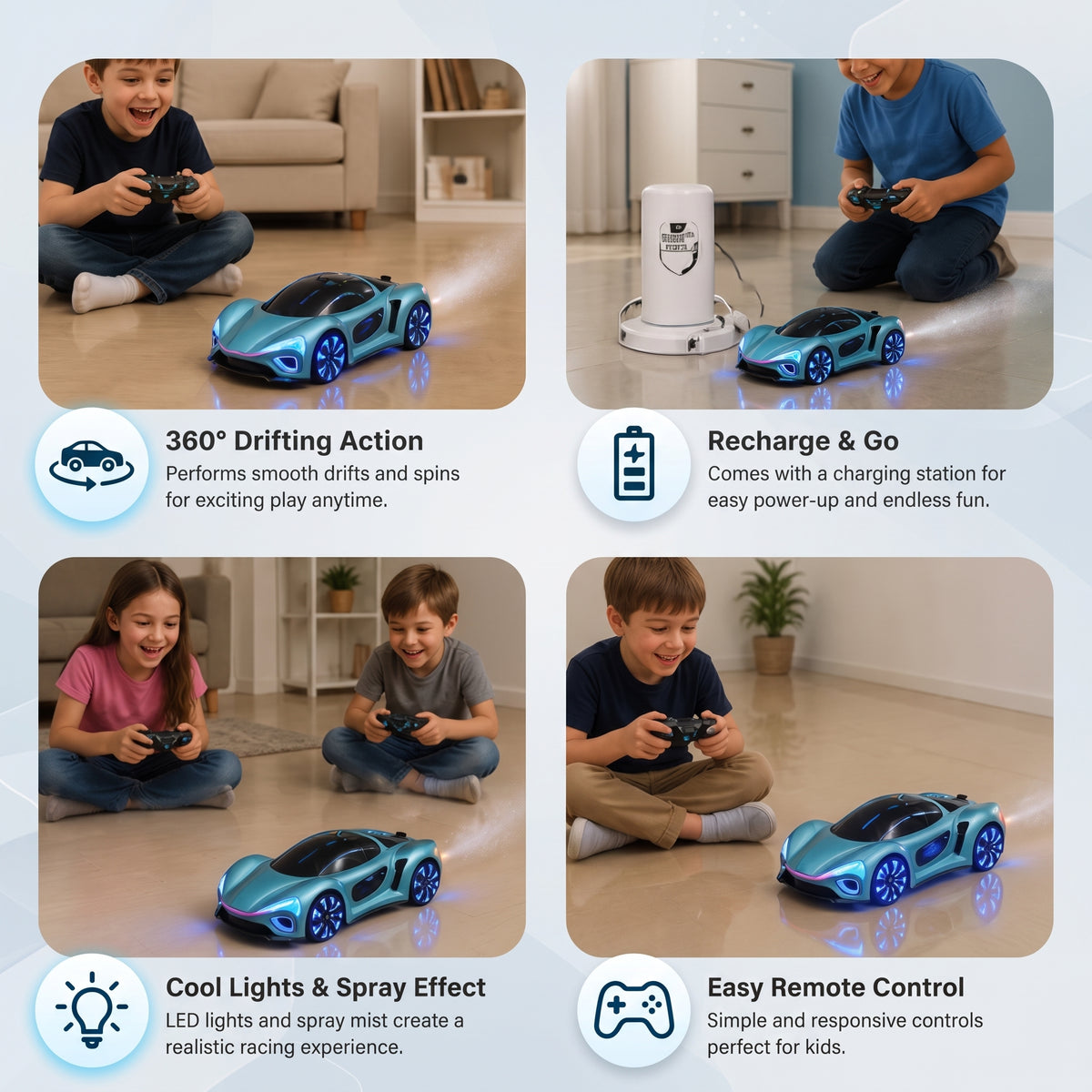 Remote Control Drift Car with LED Lights & Spray Effect