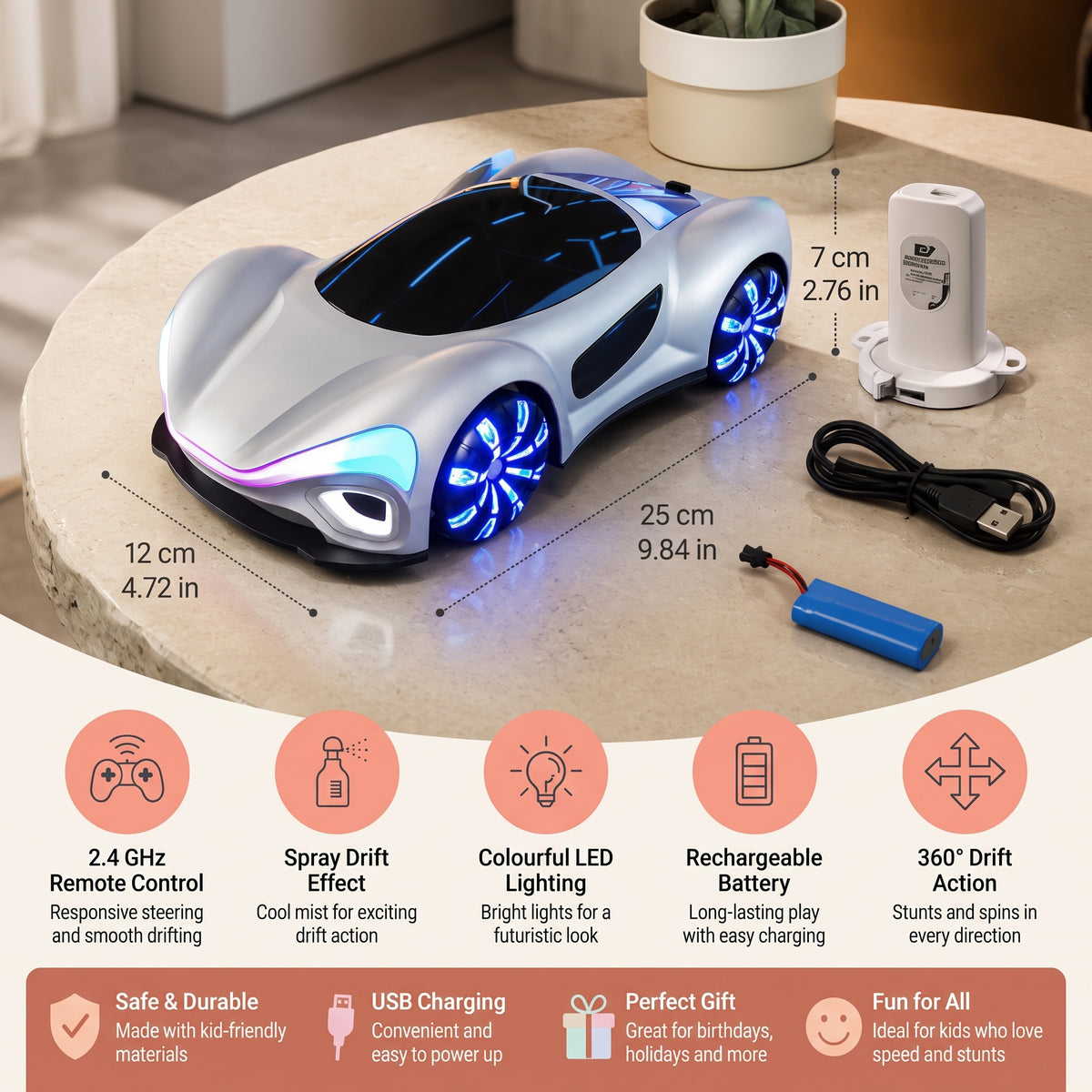 Remote Control Drift Car with LED Lights & Spray Effect