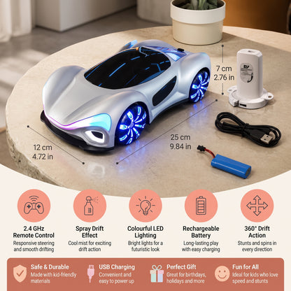 Remote Control Drift Car with LED Lights & Spray Effect