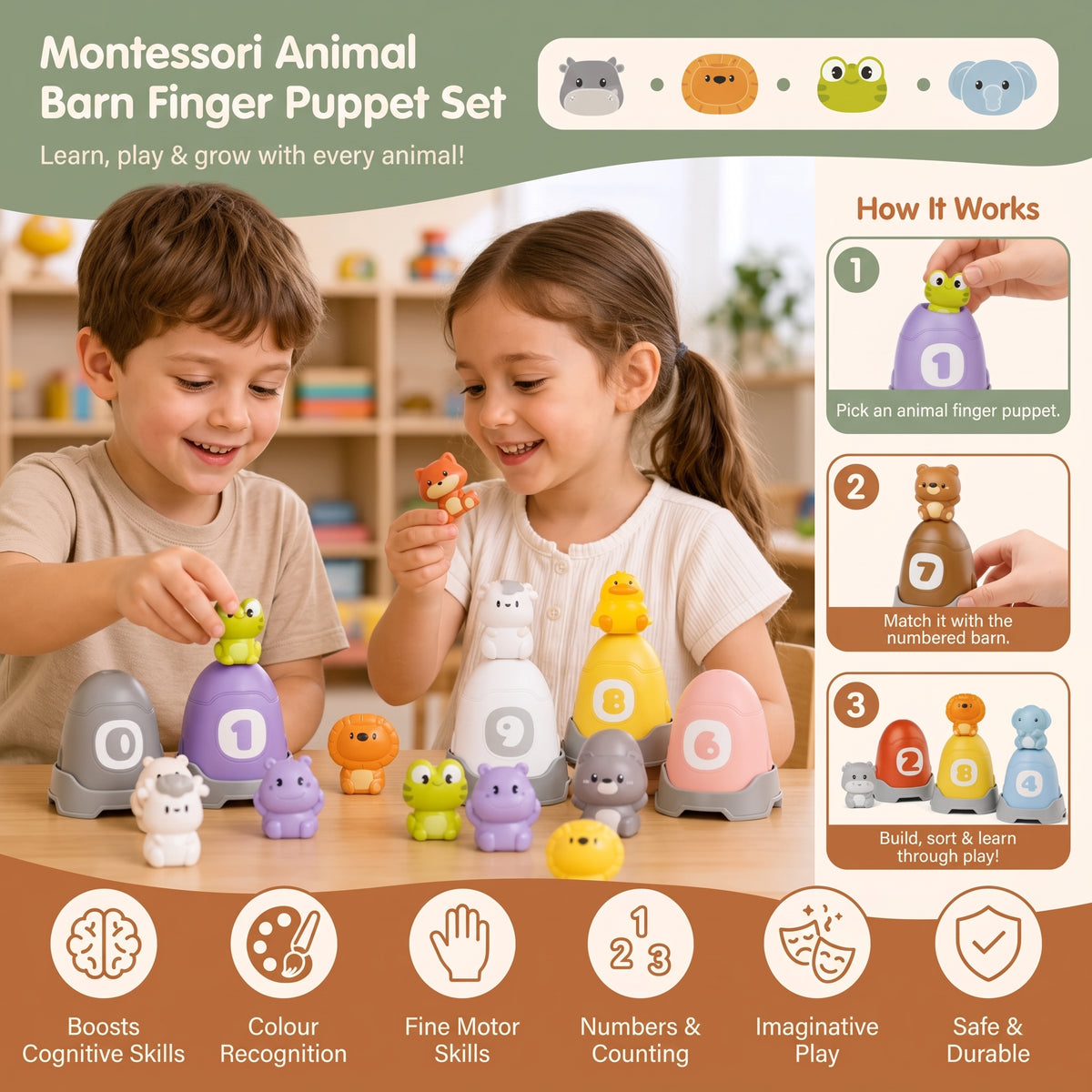 Montessori Animal Finger Puppet & Colour Sorting Set