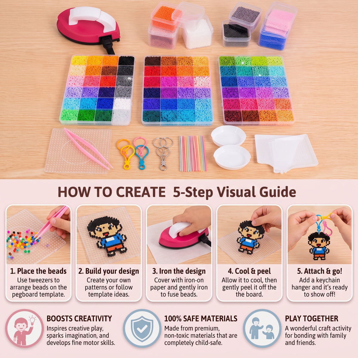 DIY Fuse Beads Craft Kit for Kids – Iron-On Bead Art Set with Mini Iron & Accessories