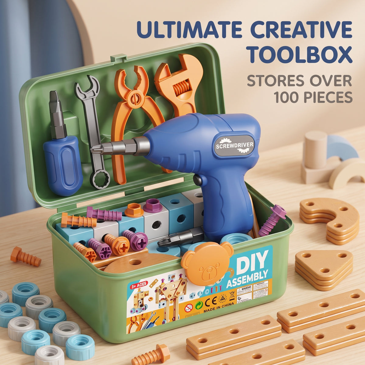 DIY Construction Toolbox with Electric Drill (126 Pieces)