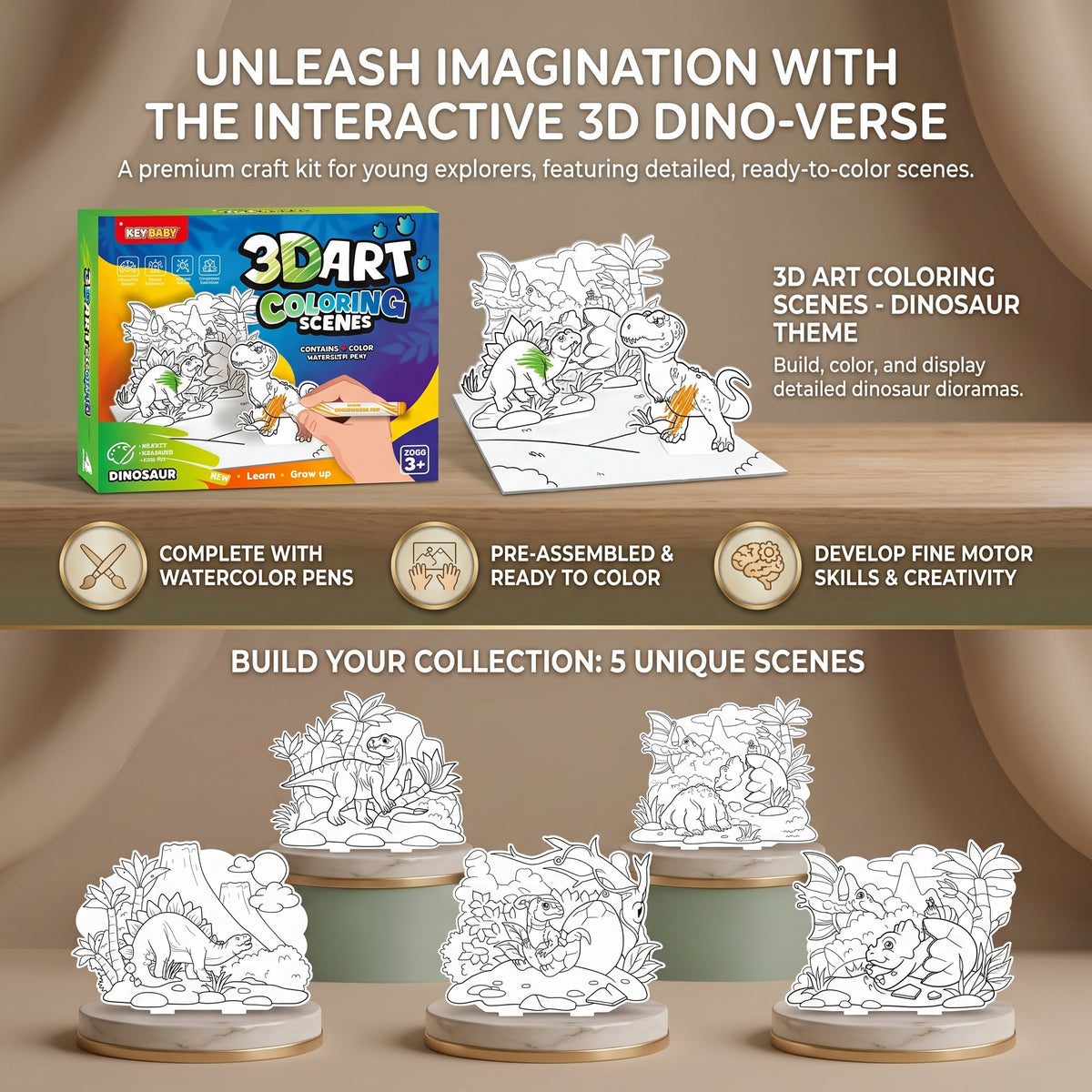 3D Pop-Up Colouring Book for Kids with Watercolour Pens