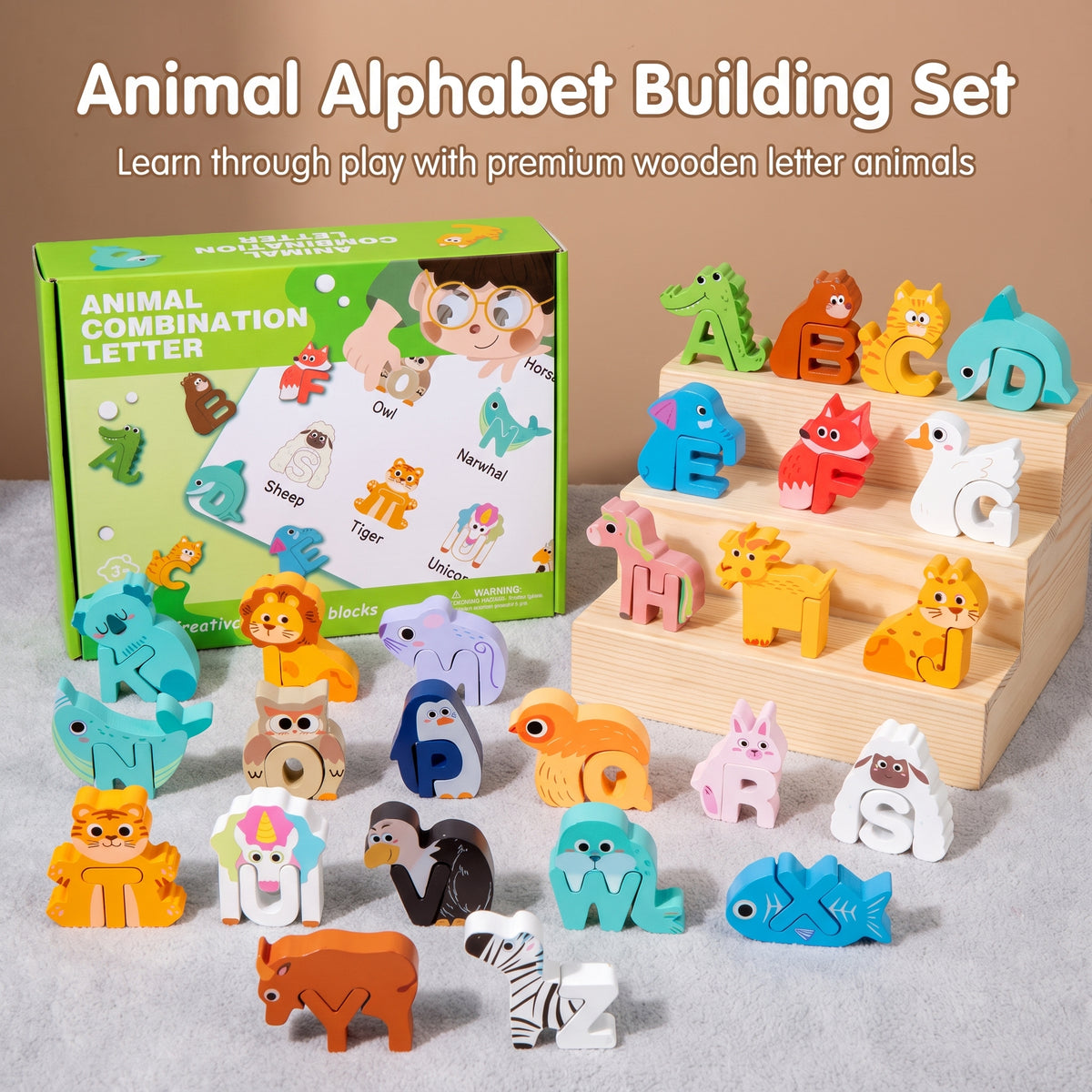 52-Piece Montessori 3D Alphabet Building Blocks for Kids