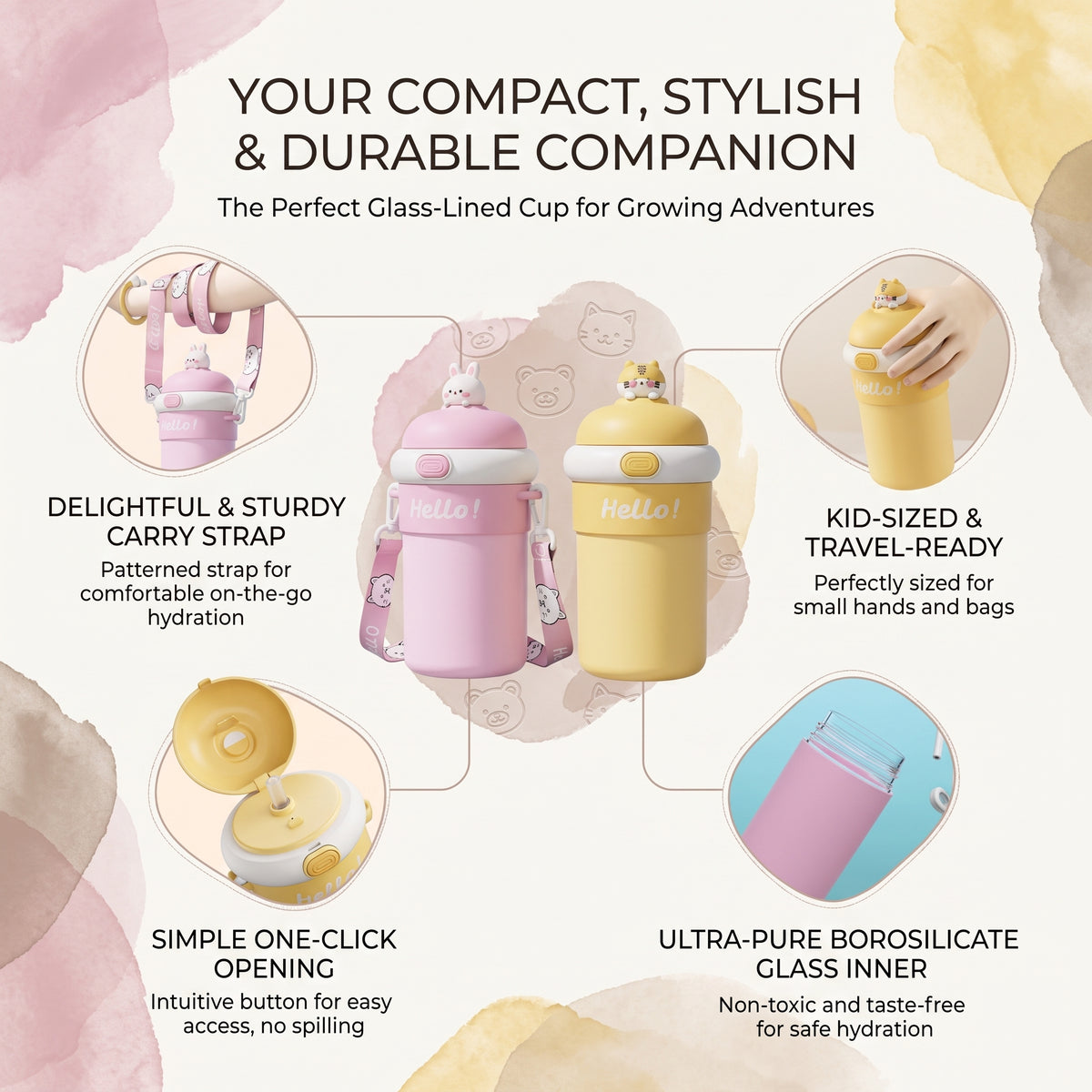 500ml Kids Insulated Glass Bottle with Carry Strap