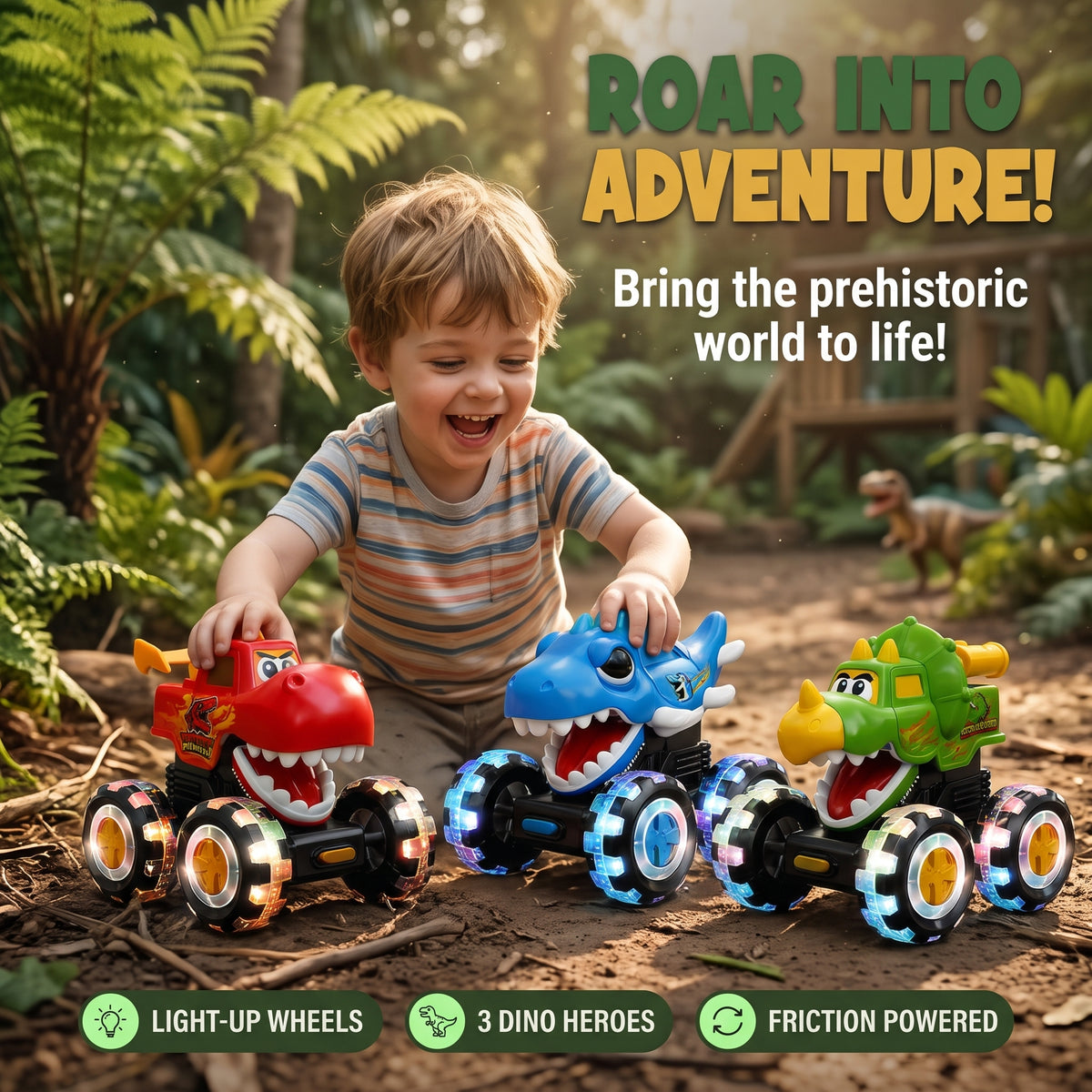 3 Dinosaur Monster Trucks – Press & Go Toy Cars with Light-Up Wheels