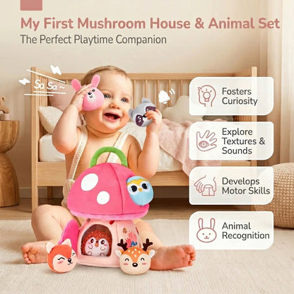 Plush Mushroom House Toy with Jungle Animals