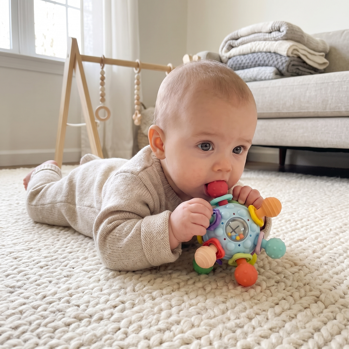 Montessori Baby Sensory Teething Ball & Rattle – 12 Textured Teethers