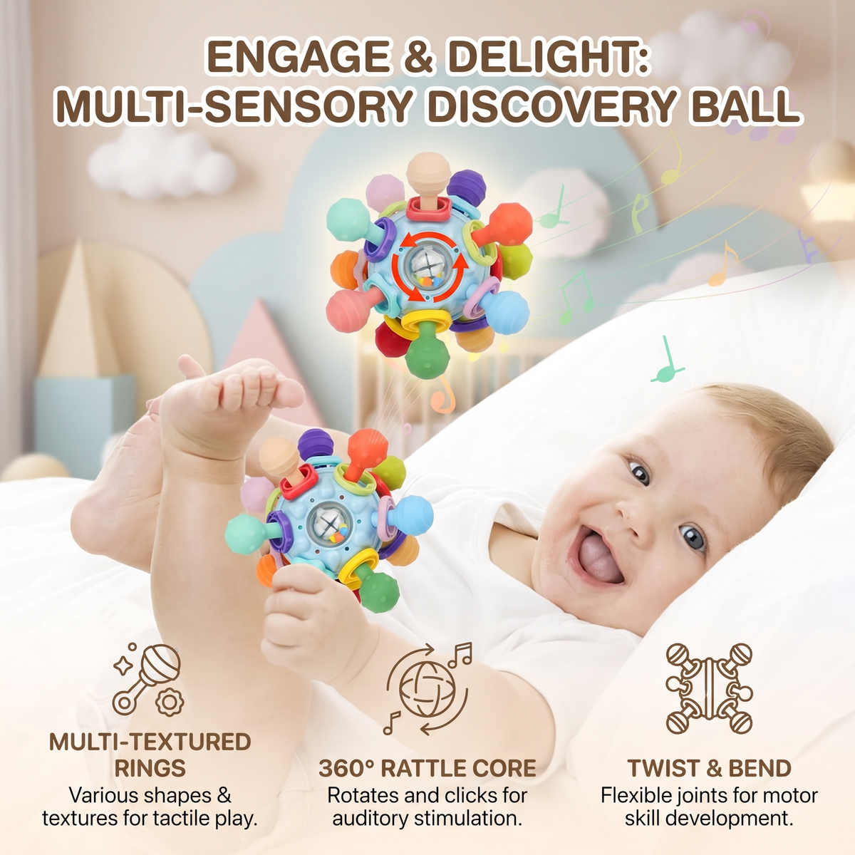 Montessori Baby Sensory Teething Ball & Rattle – 12 Textured Teethers