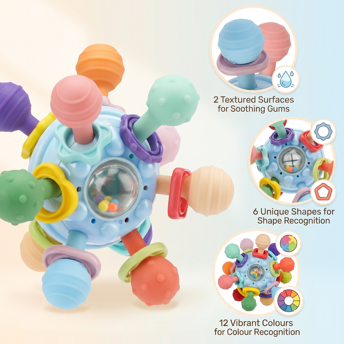 Montessori Baby Sensory Teething Ball & Rattle – 12 Textured Teethers