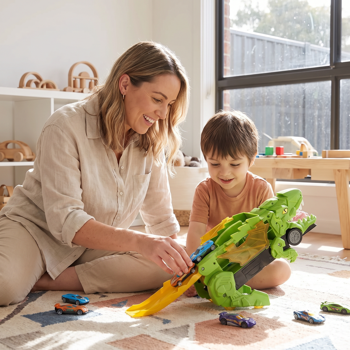 Dinosaur Car Transporter Truck Toy with 8 Mini Cars for Kids
