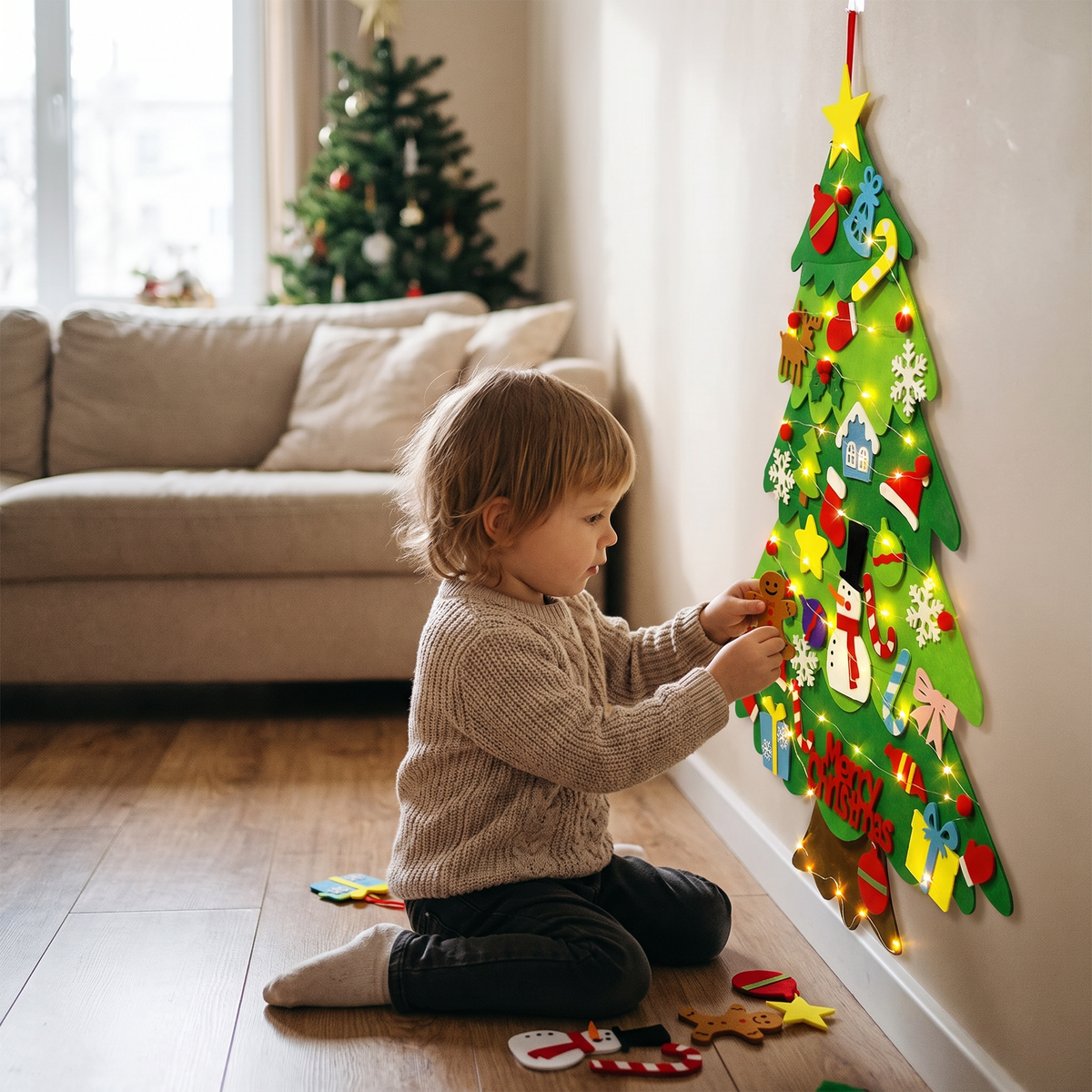 DIY Felt Christmas Tree for Kids – Wall Hanging with Removable Ornaments with Lights