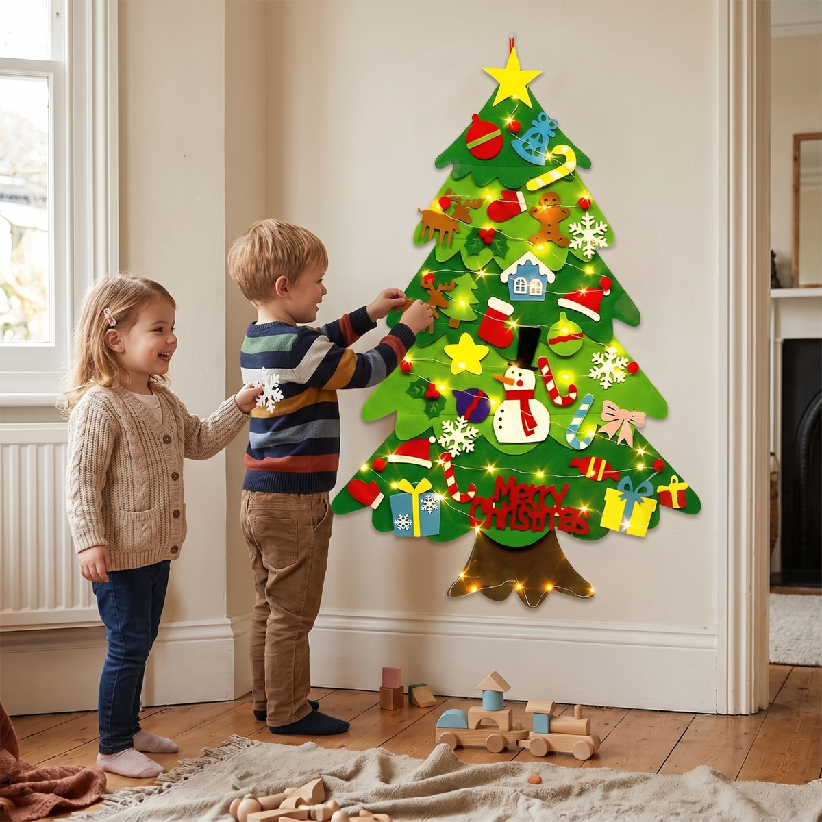 DIY Felt Christmas Tree for Kids – Wall Hanging with Removable Ornaments with Lights