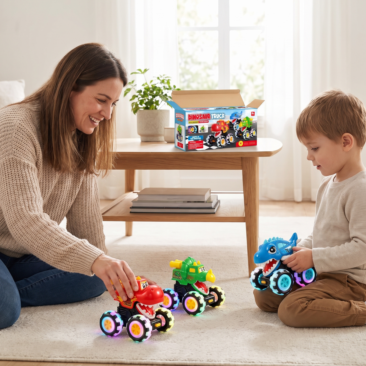 3 Dinosaur Monster Trucks – Press & Go Toy Cars with Light-Up Wheels