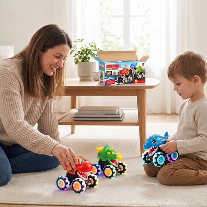 3 Dinosaur Monster Trucks – Press & Go Toy Cars with Light-Up Wheels