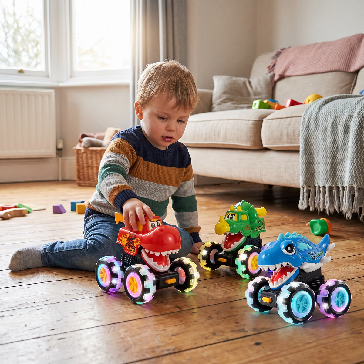 3 Dinosaur Monster Trucks – Press & Go Toy Cars with Light-Up Wheels