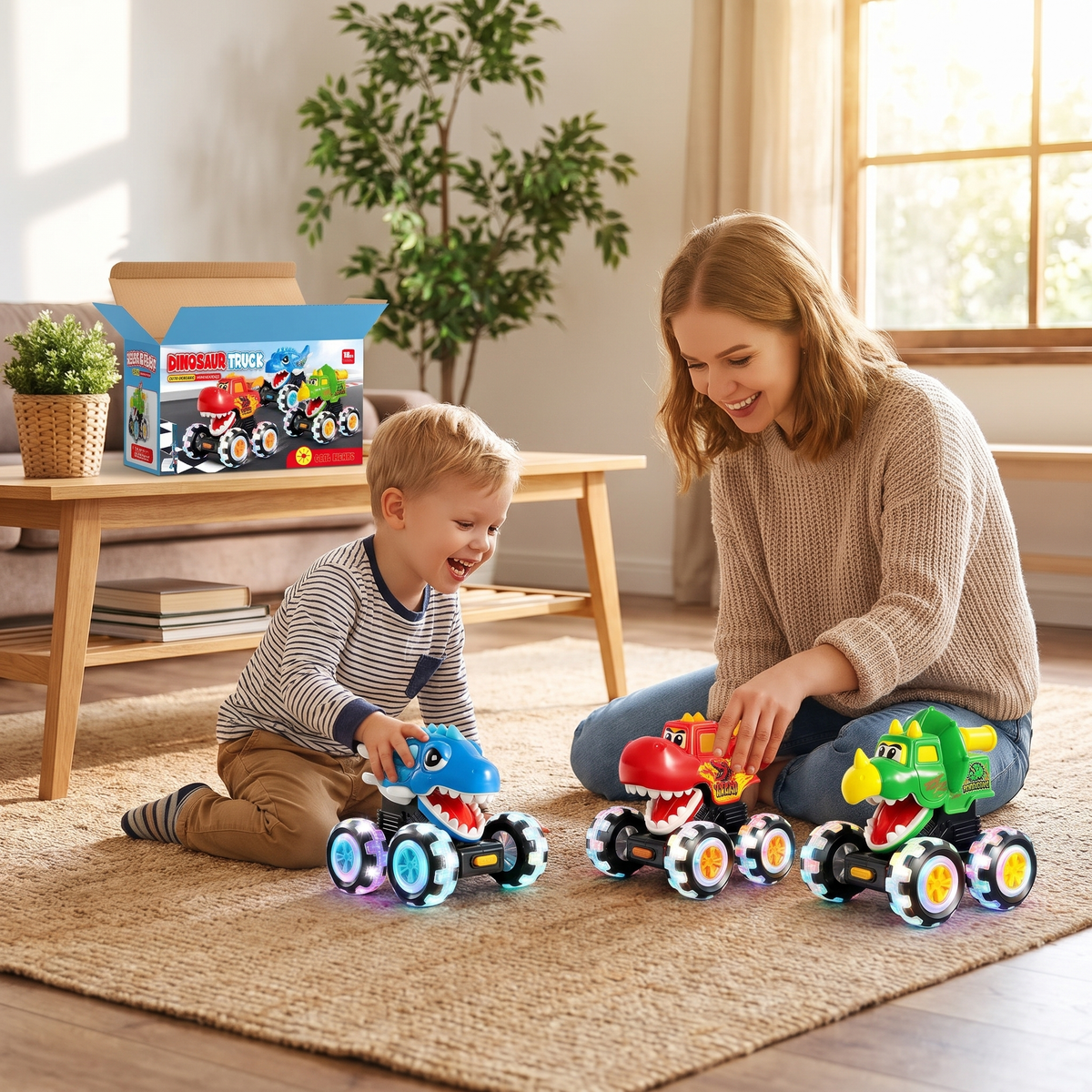 3 Dinosaur Monster Trucks – Press & Go Toy Cars with Light-Up Wheels