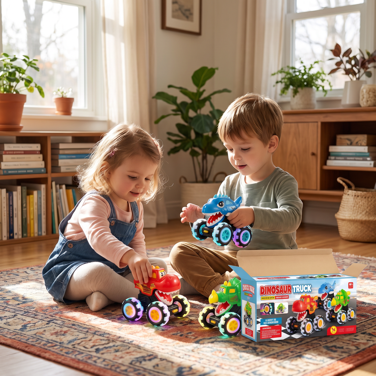 3 Dinosaur Monster Trucks – Press & Go Toy Cars with Light-Up Wheels