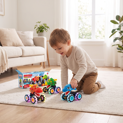 3 Dinosaur Monster Trucks – Press & Go Toy Cars with Light-Up Wheels
