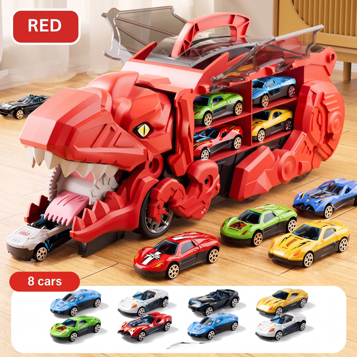 Dinosaur Car Transporter Truck Toy with 8 Mini Cars for Kids